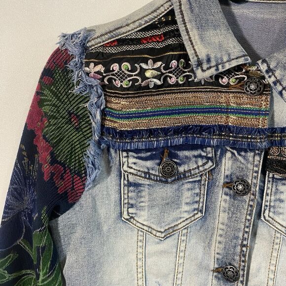 DESIGUAL Denim Jacket Womens EU 36 (US 6) Designer Artistic Knit Sleeve Boho - Picture 2 of 13